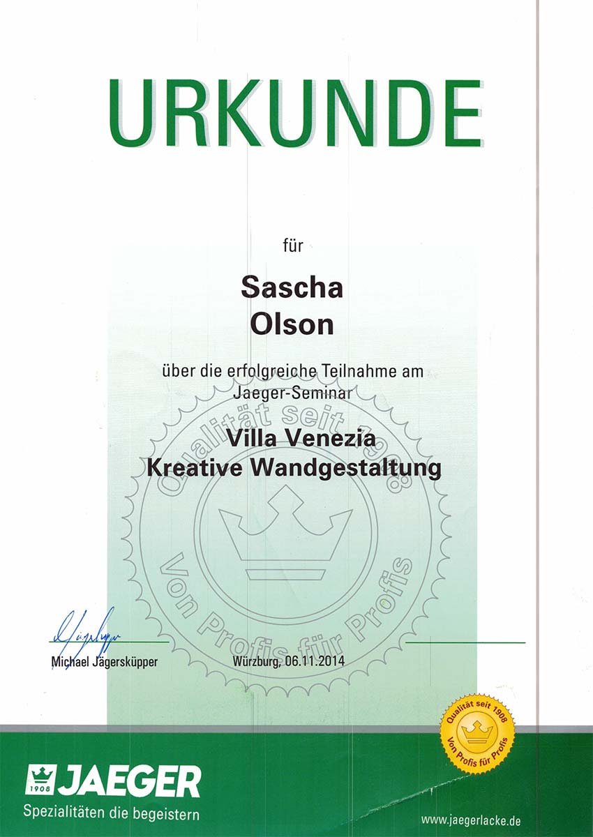 Zertifikate Weiterbildung Malerbetrieb Olson in Schondra